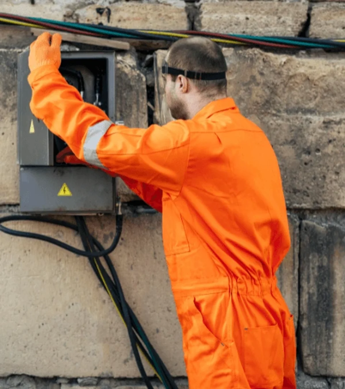 Électricien IRVE installant une borne de recharge en extérieur