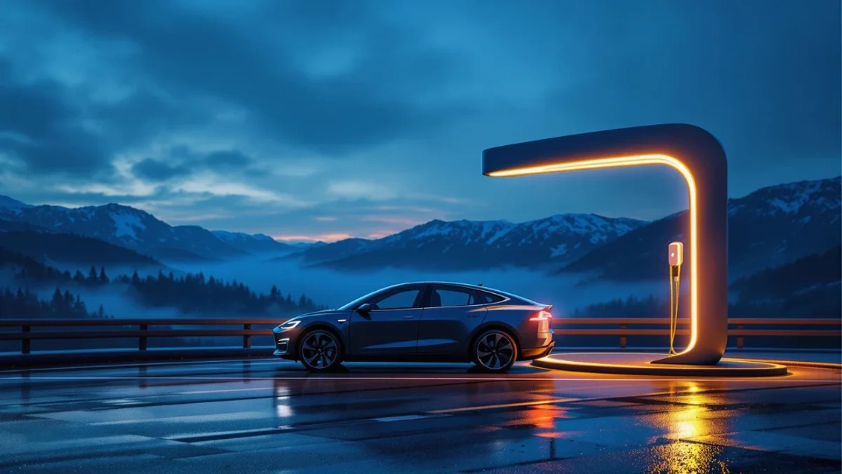 Voiture électrique en cours de recharge sur une borne ultra-moderne au coucher du soleil, en bord de route de montagne enneigée — mobilité durable et infrastructures de recharge rapide.